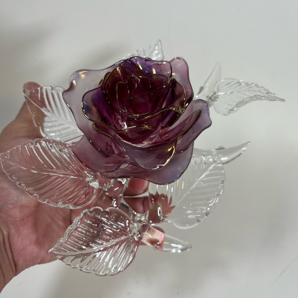 Art Glass Crystal Lavender Flower Purple and Gold, Signed - Picture 6 of 16